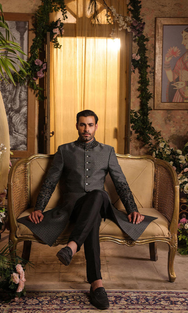 Black Jacquard Sherwani with Gold Embellished Sleeves (2-Piece) - Image 10
