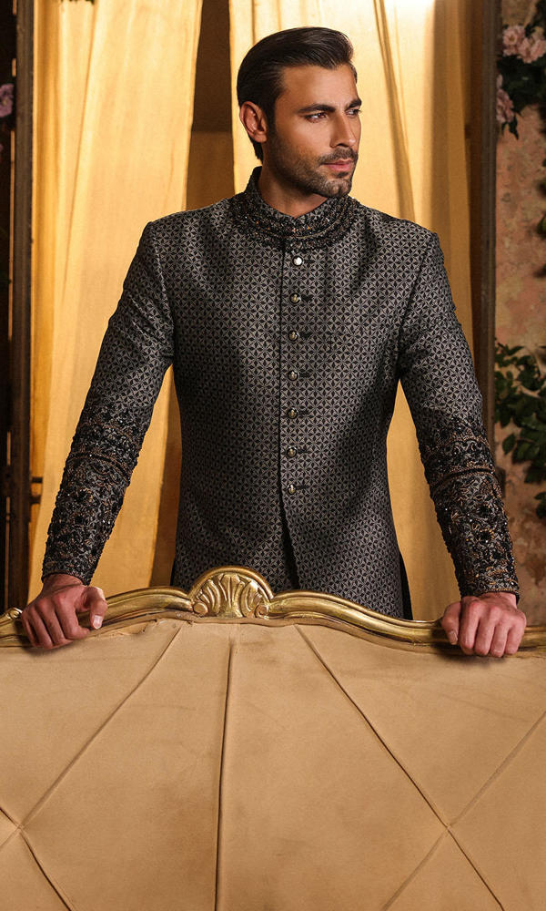 Black Jacquard Sherwani with Gold Embellished Sleeves (2-Piece) - Image 11