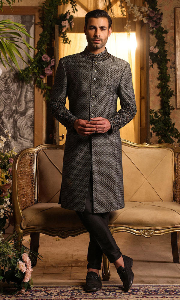 Black Jacquard Sherwani with Gold Embellished Sleeves (2-Piece) - Image 2