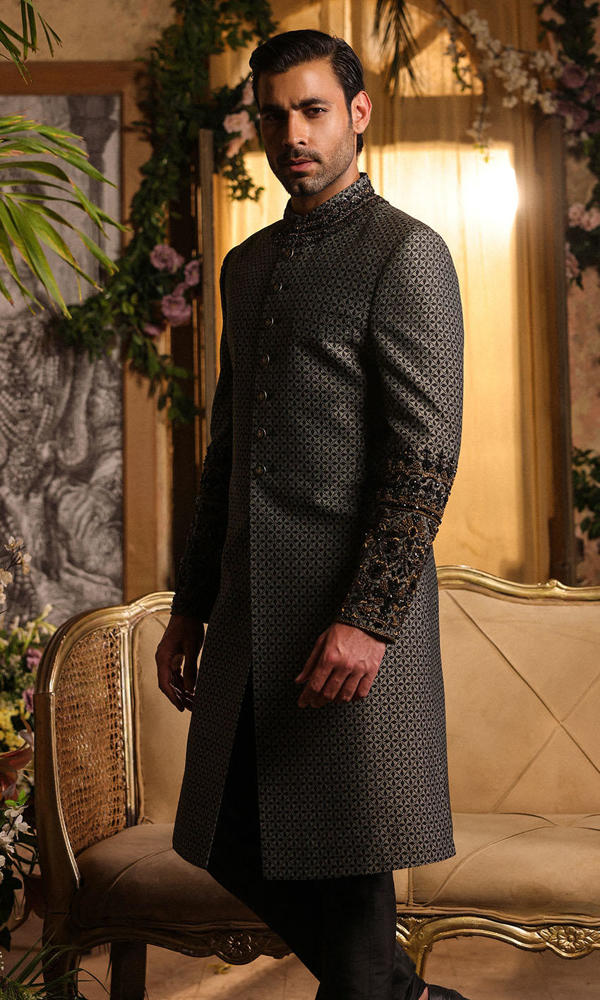 Black Jacquard Sherwani with Gold Embellished Sleeves (2-Piece) - Image 3
