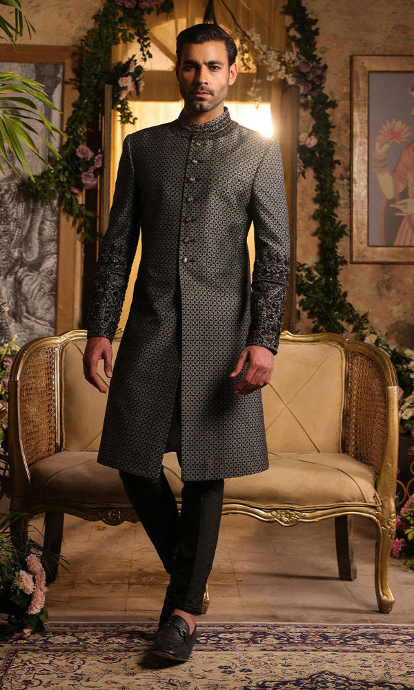 Black Jacquard Sherwani with Gold Embellished Sleeves (2-Piece) - Image 4
