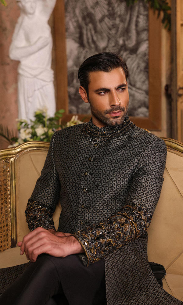 Black Jacquard Sherwani with Gold Embellished Sleeves (2-Piece) - Image 5