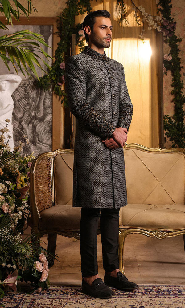 Black Jacquard Sherwani with Gold Embellished Sleeves (2-Piece) - Image 6