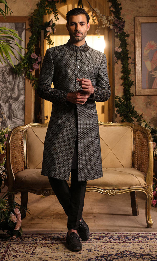 Black Jacquard Sherwani with Gold Embellished Sleeves (2-Piece) - Image 7