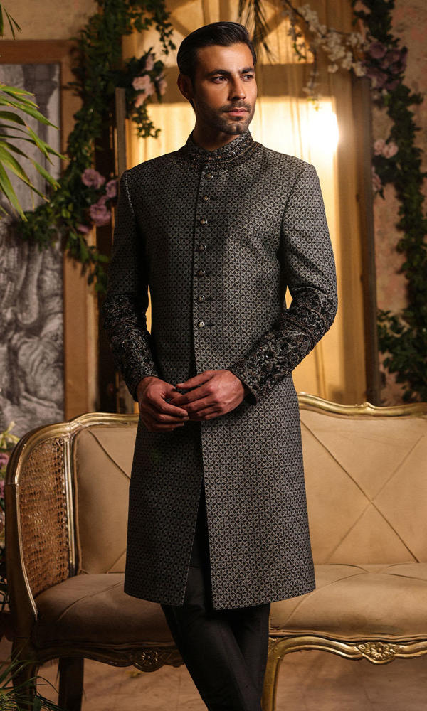 Black Jacquard Sherwani with Gold Embellished Sleeves (2-Piece) - Image 8
