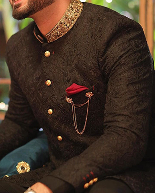 Black Hand-Embroidered Jacquard Sherwani (2-Piece) - Image 2