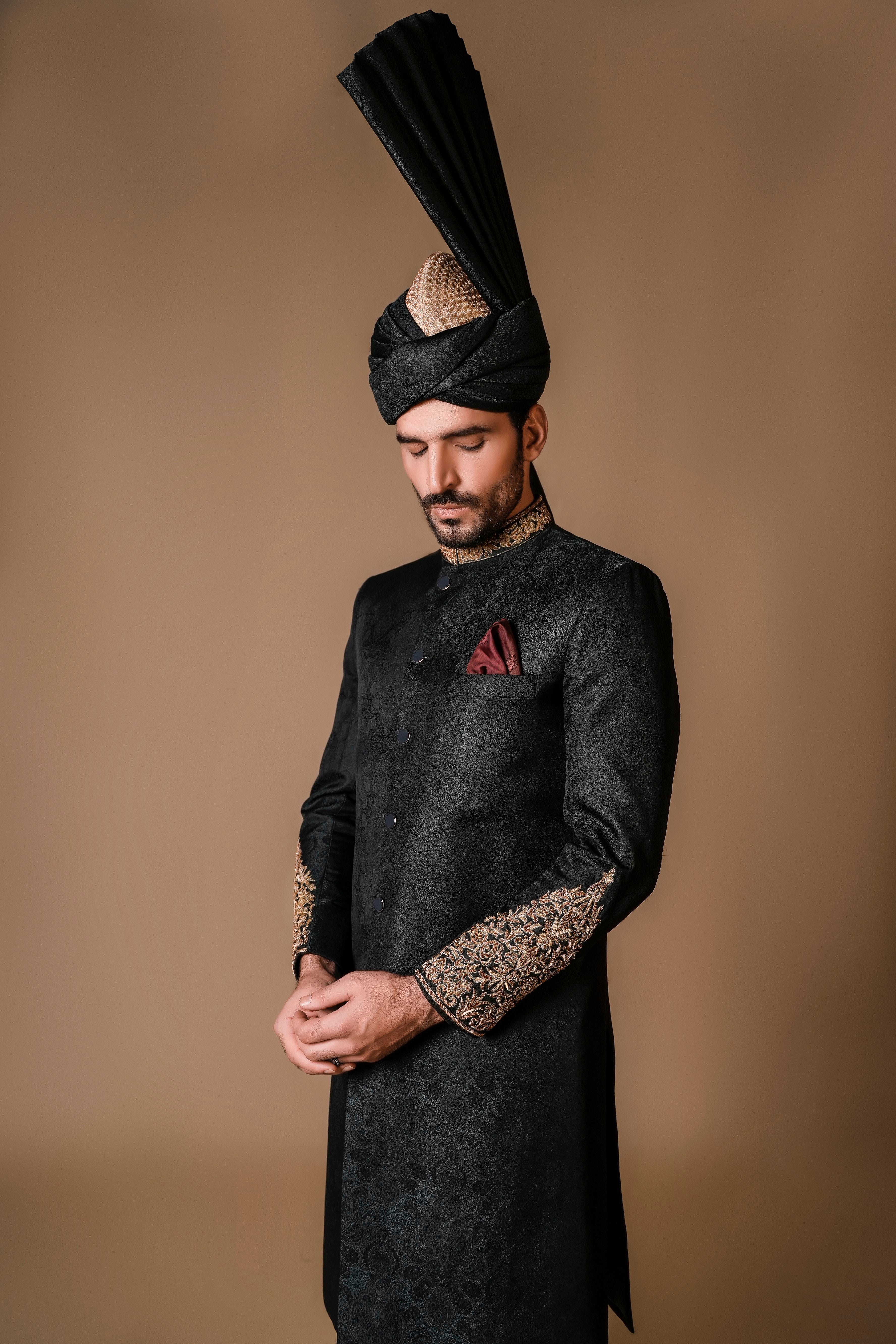 Black Hand-Embroidered Jacquard Sherwani (2-Piece) - Image 1