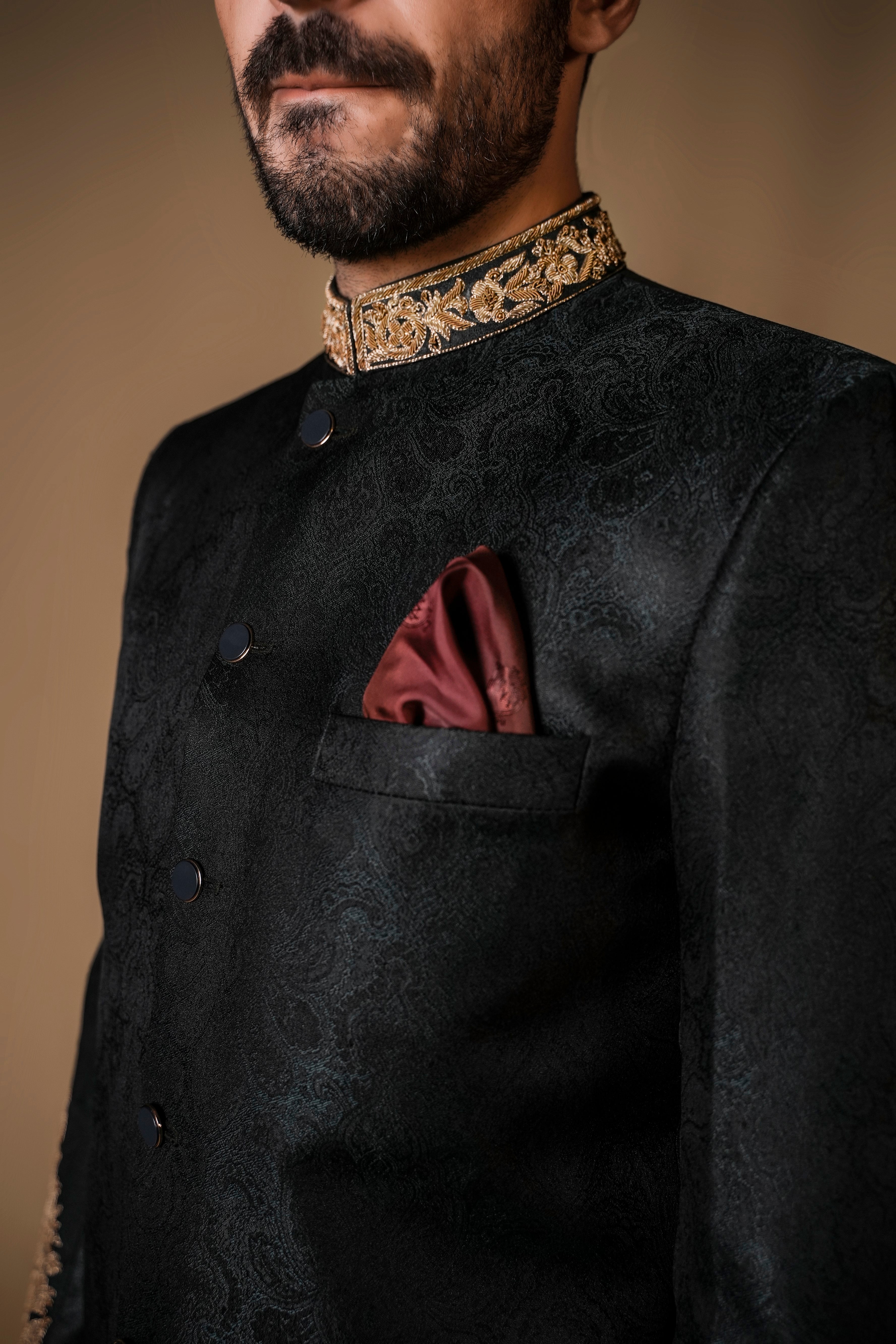 Black Hand-Embroidered Jacquard Sherwani (2-Piece) - Image 2