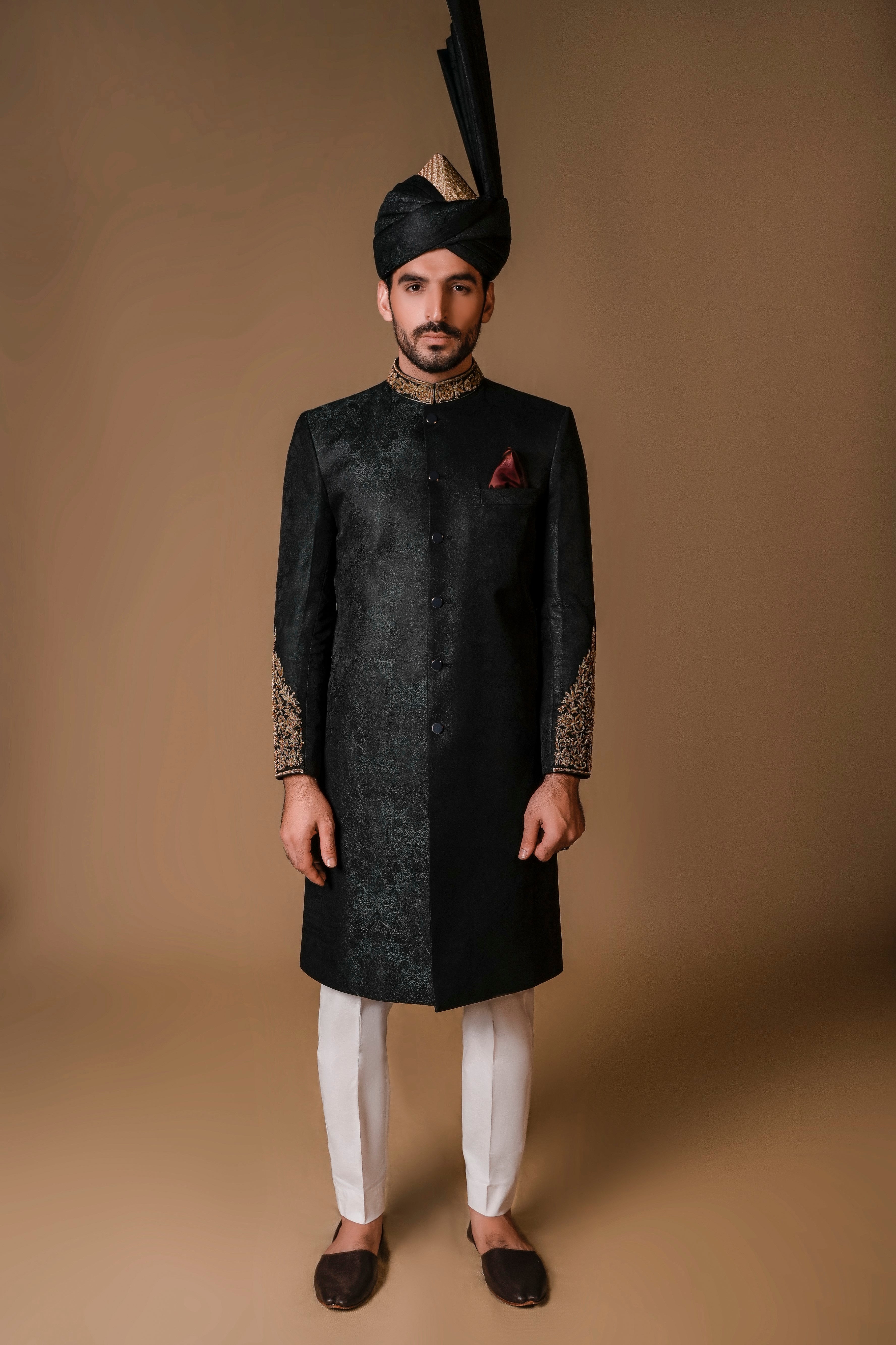 Black Hand-Embroidered Jacquard Sherwani (2-Piece) - Image 3