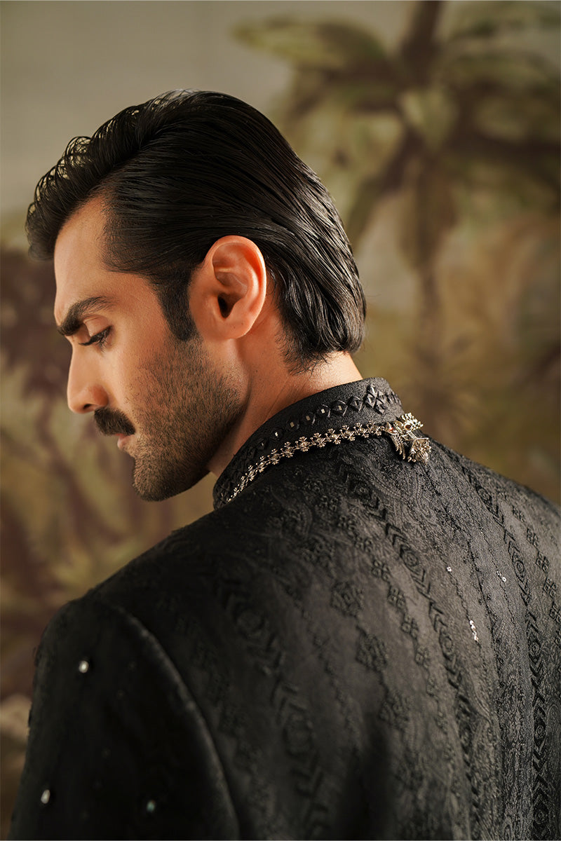 Ebony Black Embroidered Jacquard Sherwani (2-Piece) - Image 4