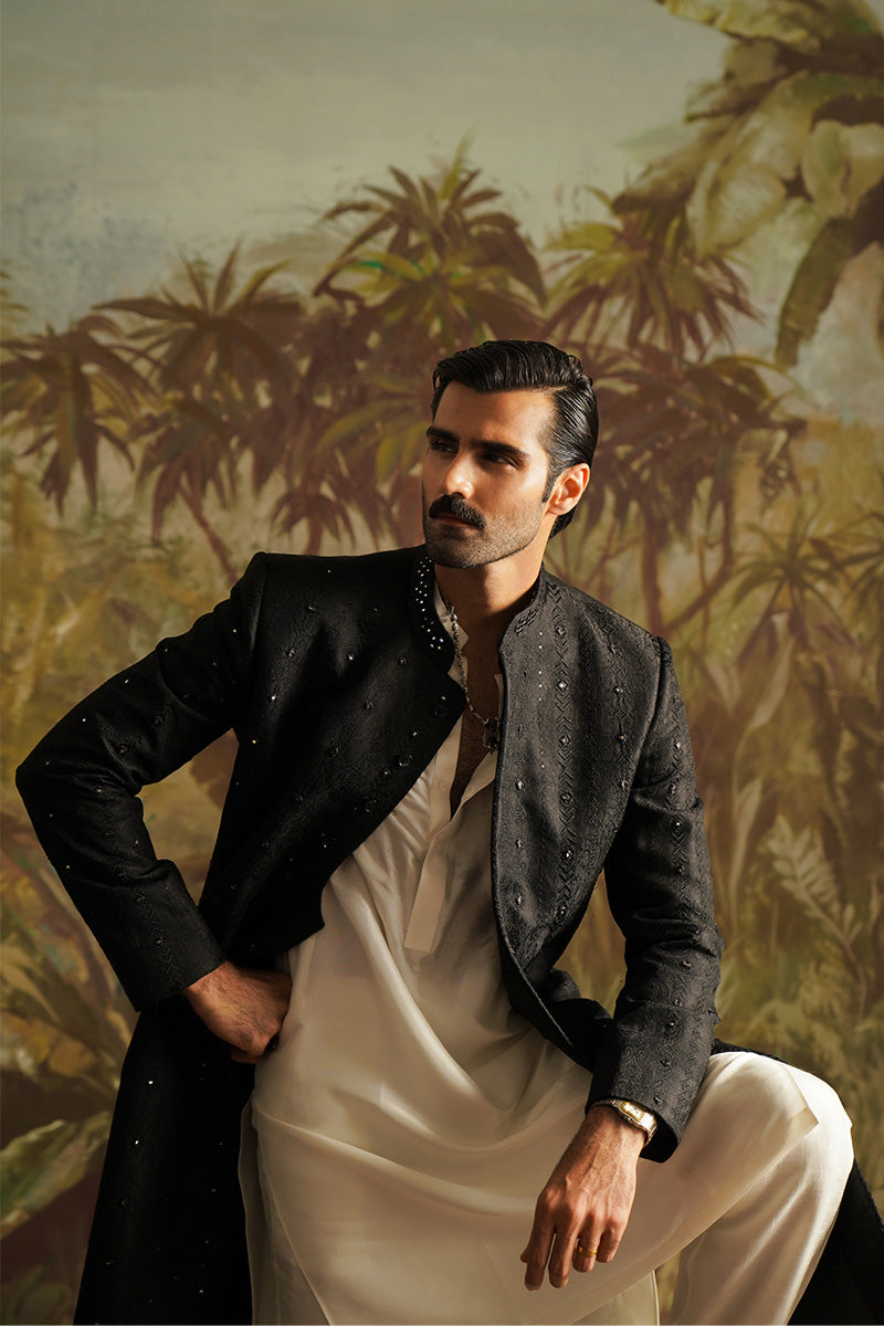 Ebony Black Embroidered Jacquard Sherwani (2-Piece) - Image 6