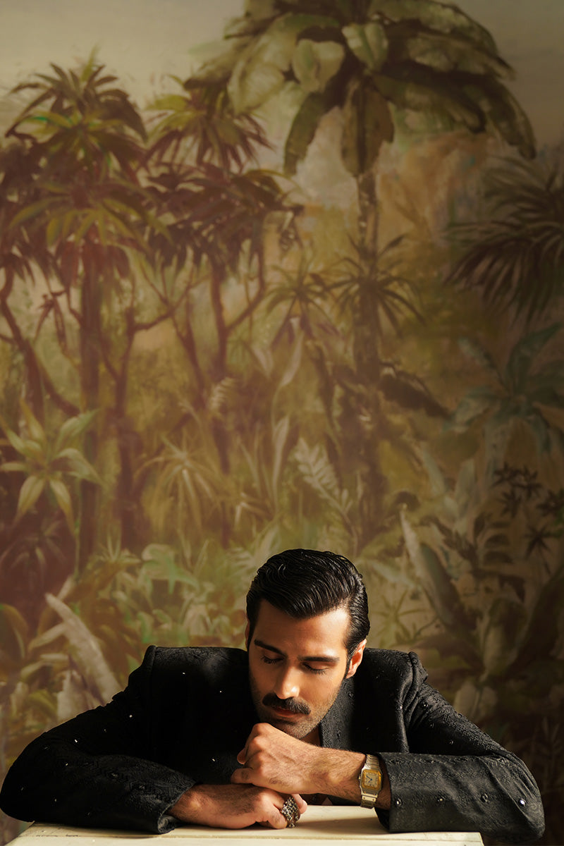 Ebony Black Embroidered Jacquard Sherwani (2-Piece) - Image 7