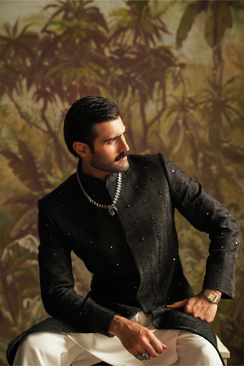 Ebony Black Embroidered Jacquard Sherwani (2-Piece) - Image 2