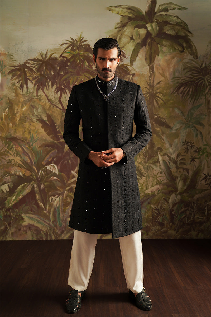 Ebony Black Embroidered Jacquard Sherwani (2-Piece) - Image 3