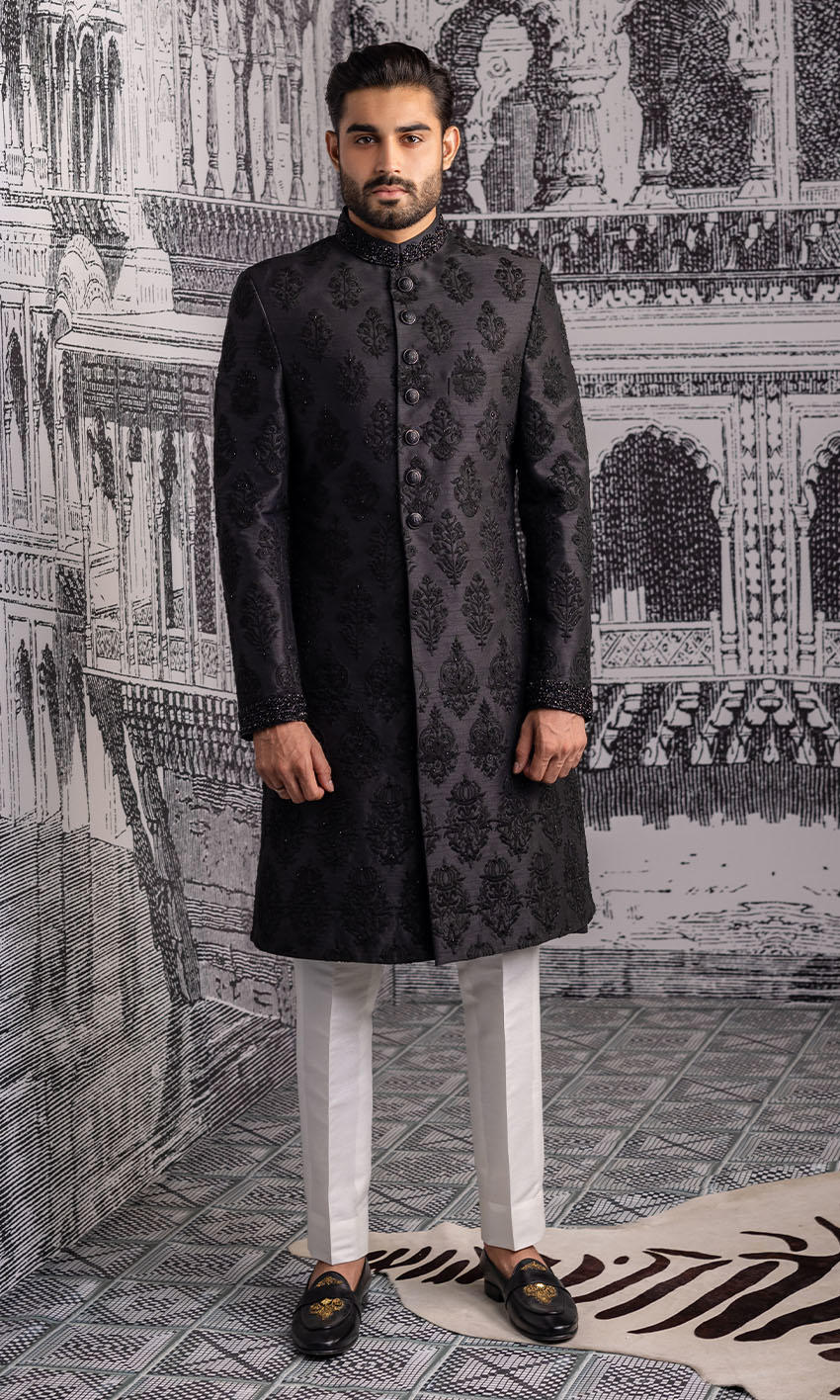 Black Embroidered Jacquard Sherwani (2-Piece) - Image 1