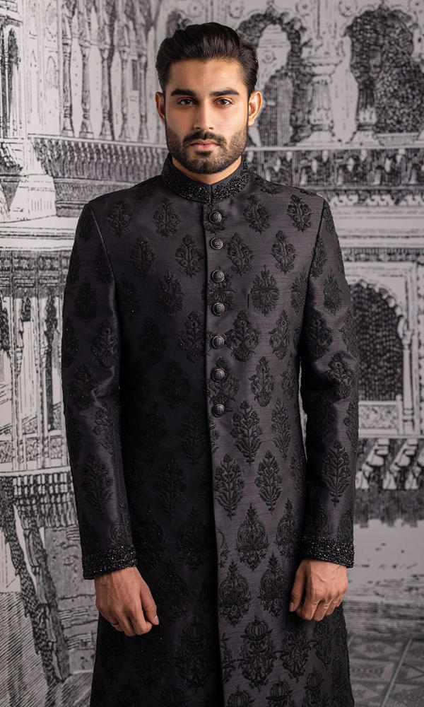 Black Embroidered Jacquard Sherwani (2-Piece) - Image 3