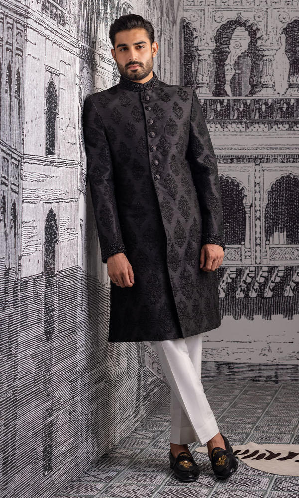 Black Embroidered Jacquard Sherwani (2-Piece) - Image 7