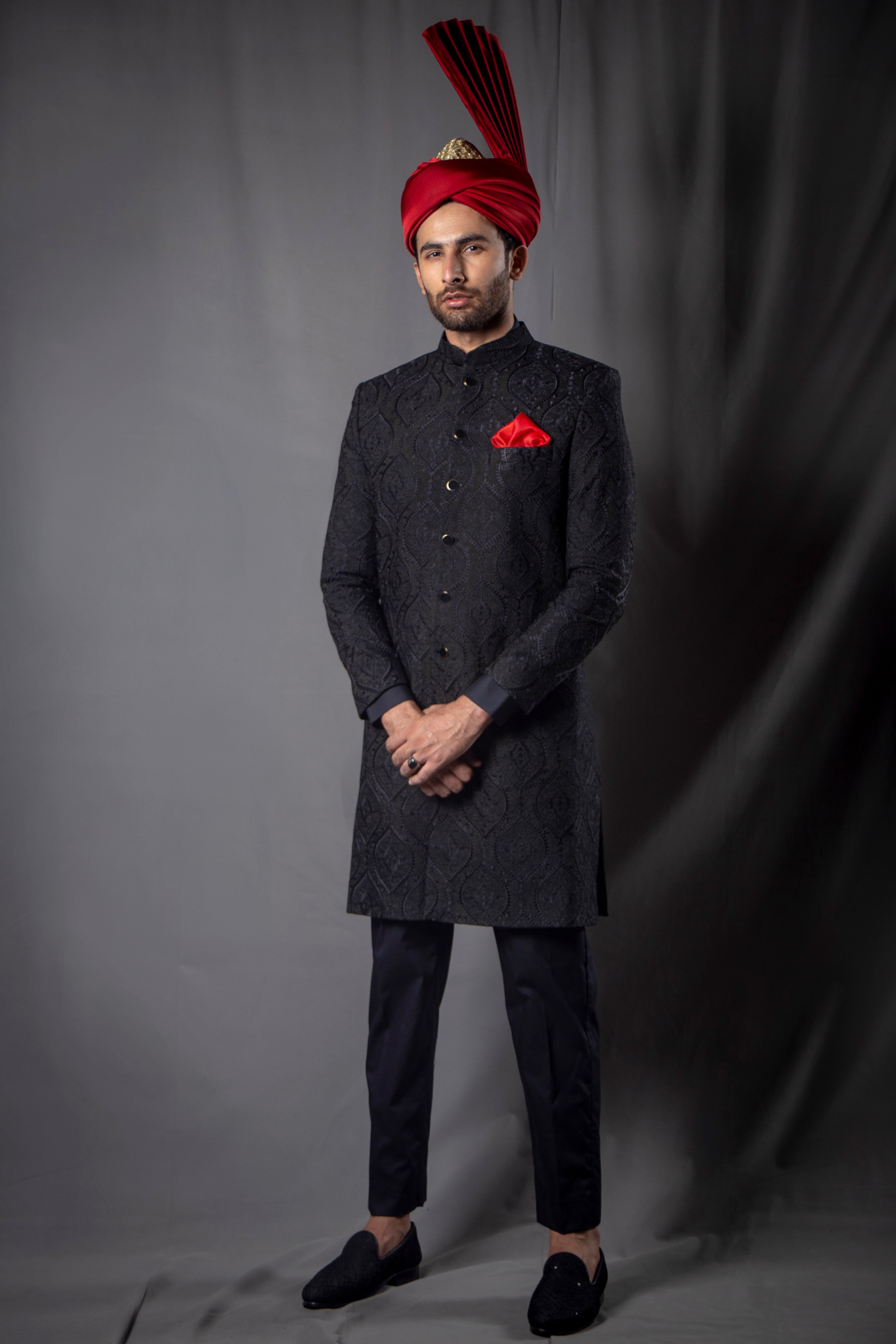 Black Jacquard Achkan Sherwani (2-Piece) - Image 1