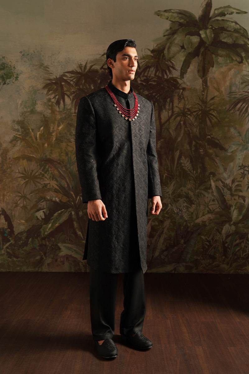 Black Jacquard Embroidered Sherwani (2-Piece) - Image 2