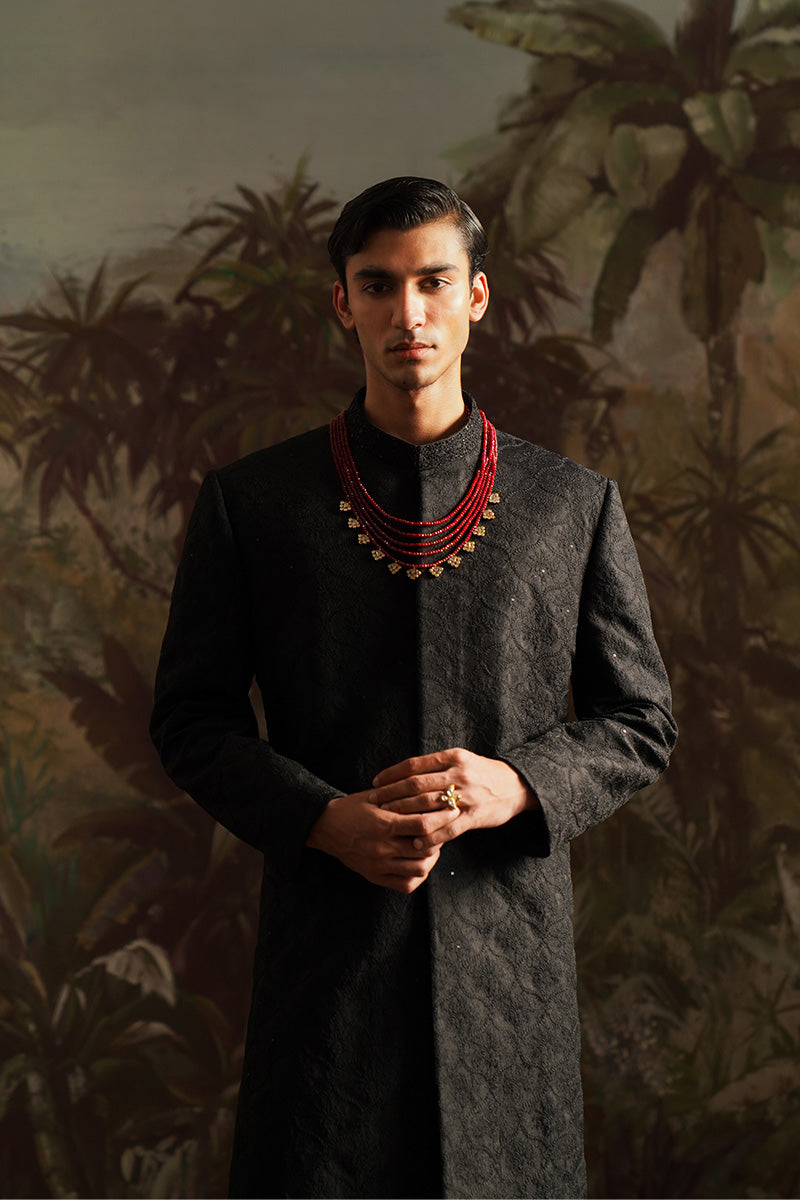 Black Jacquard Embroidered Sherwani (2-Piece) - Image 4