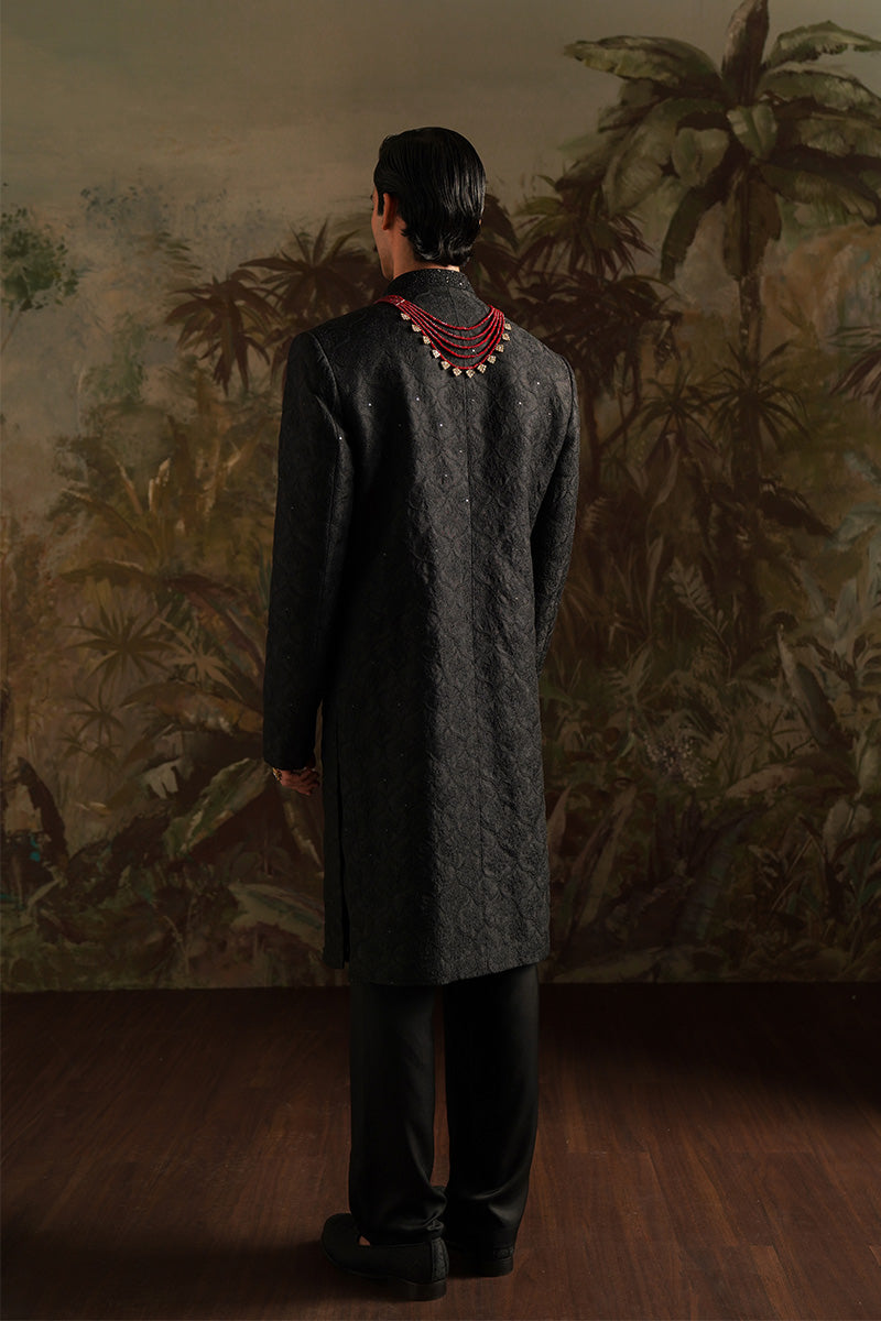 Black Jacquard Embroidered Sherwani (2-Piece) - Image 5