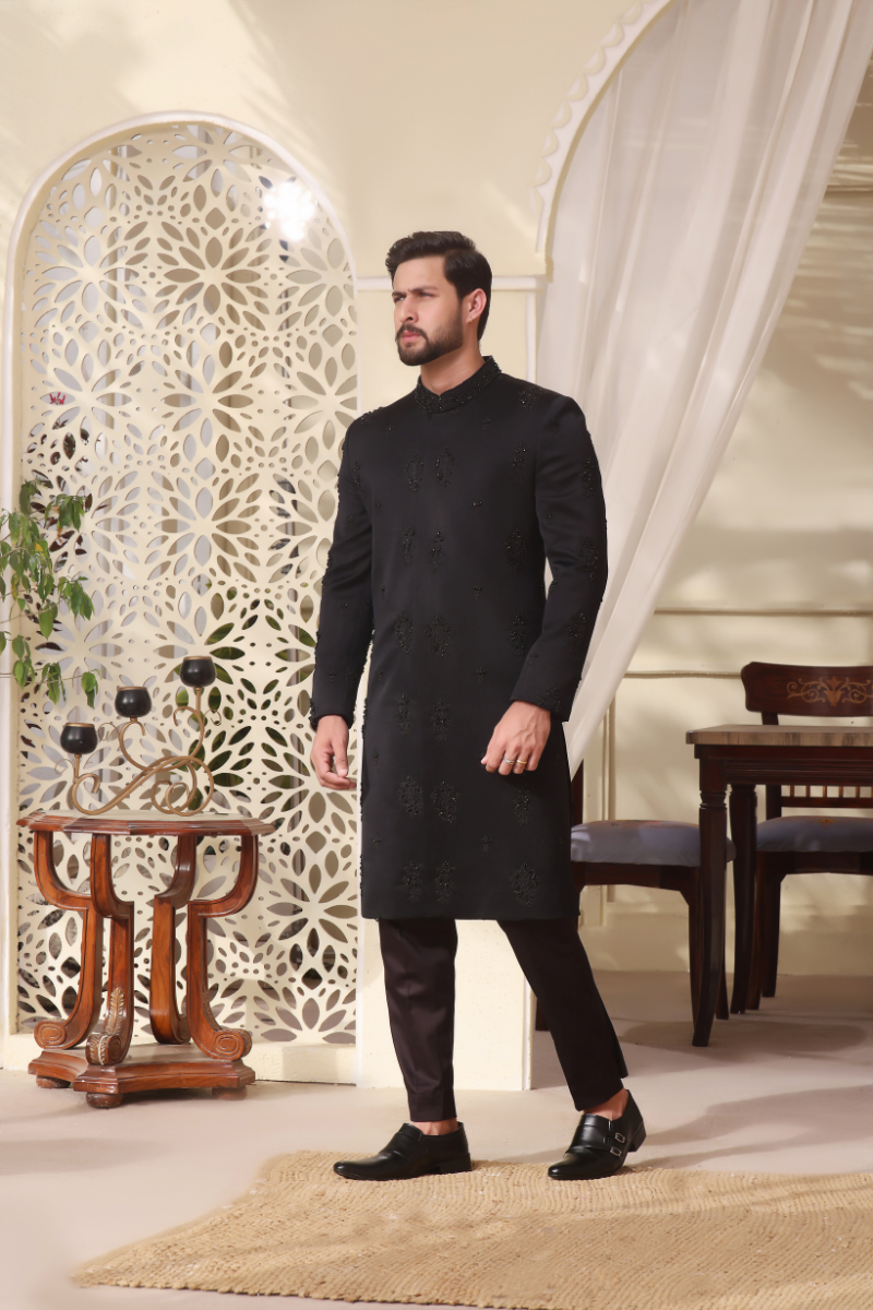 Black Hand Embroidered Jacquard Sherwani (2-Piece) - Image 1