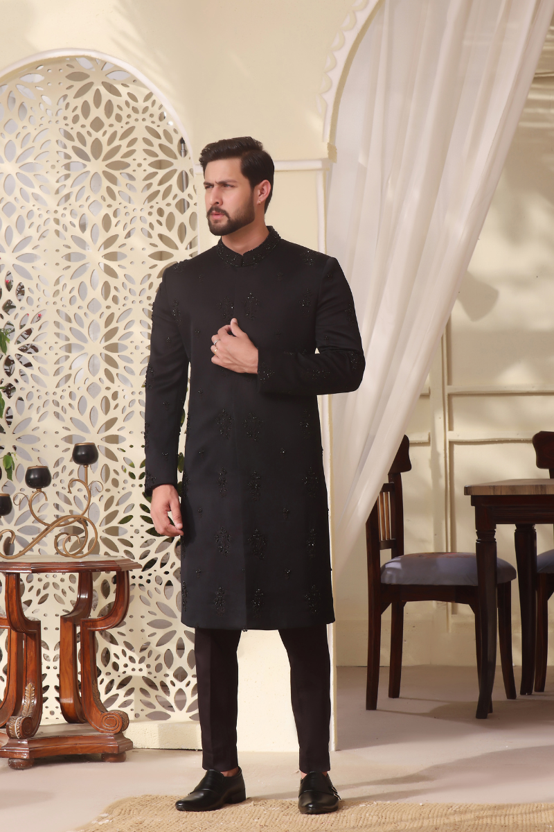 Black Hand Embroidered Jacquard Sherwani (2-Piece) - Image 3