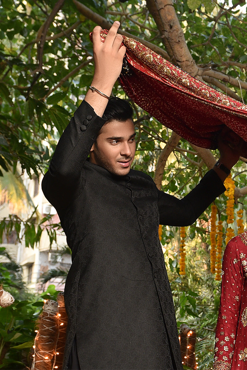 Black Jamawar Achkan Sherwani (2-Piece) - Image 2