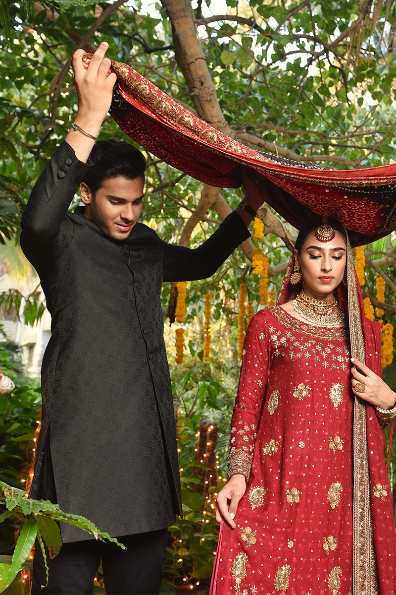 Black Jamawar Achkan Sherwani (2-Piece) - Image 3