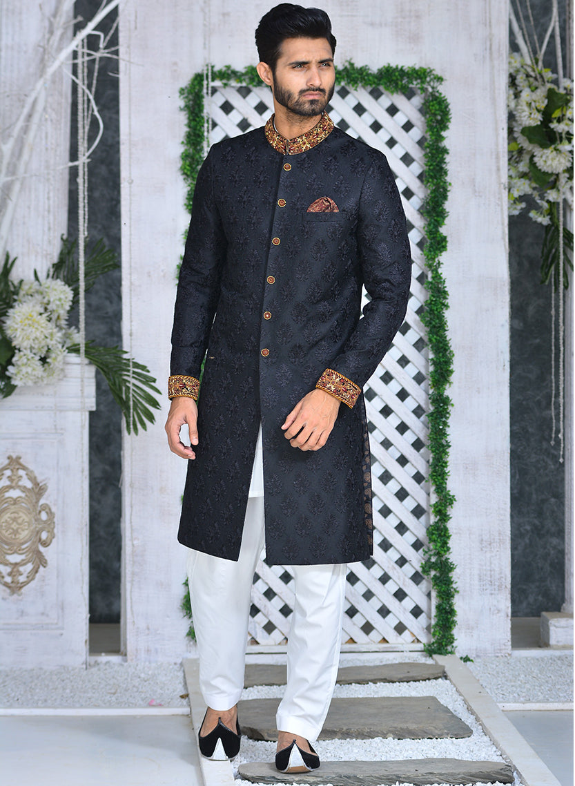 Black Jamawar Sherwani with Kora Dabka (3-Piece) - Image 1
