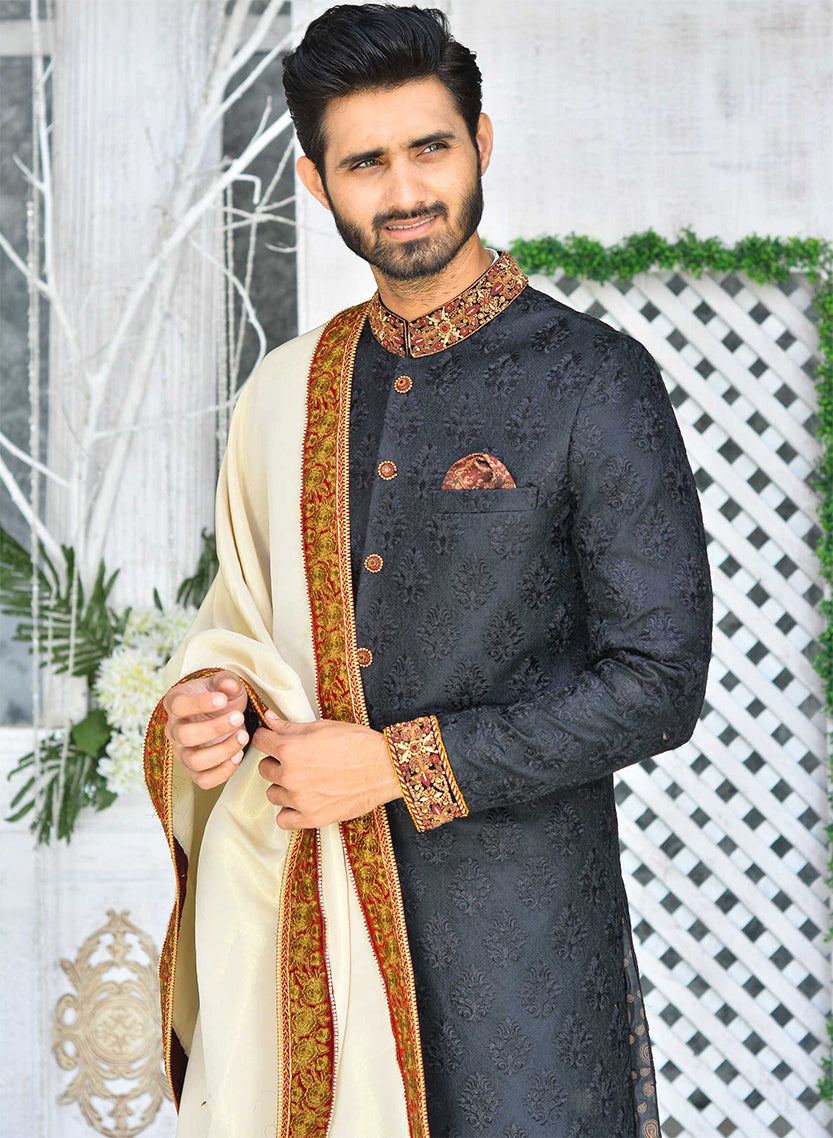 Black Jamawar Sherwani with Kora Dabka (3-Piece) - Image 2