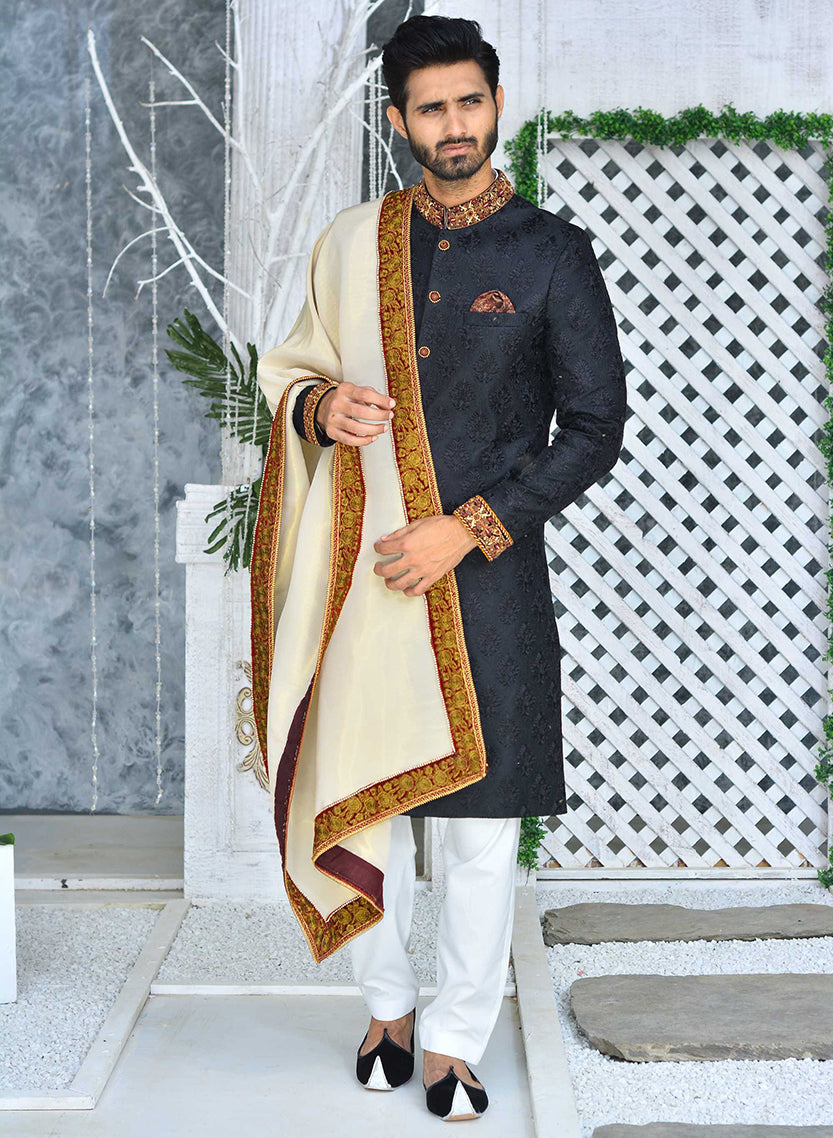 Black Jamawar Sherwani with Kora Dabka (3-Piece) - Image 3