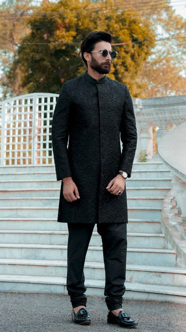 Black Jamawar Achkan Sherwani (2-Piece) - Image 1