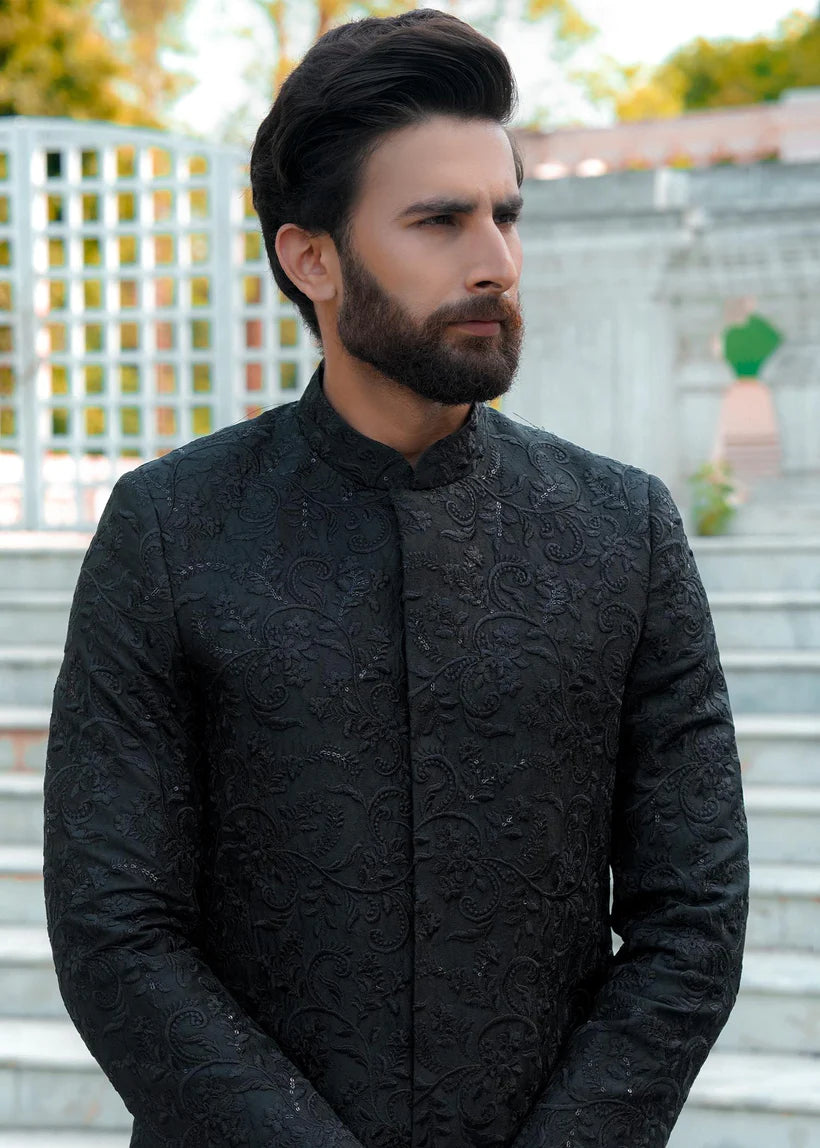 Black Jamawar Achkan Sherwani (2-Piece) - Image 2