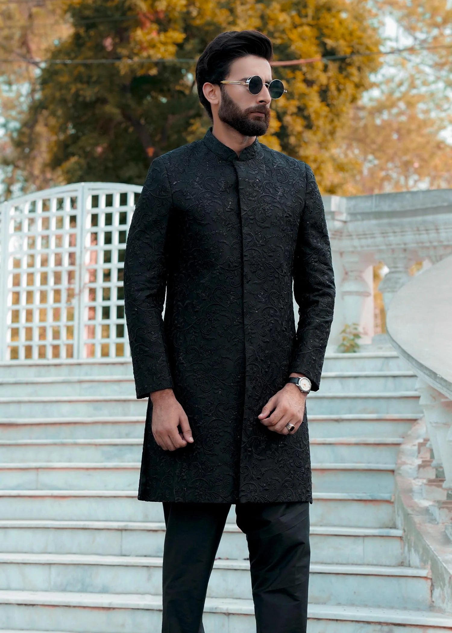 Black Jamawar Achkan Sherwani (2-Piece) - Image 3