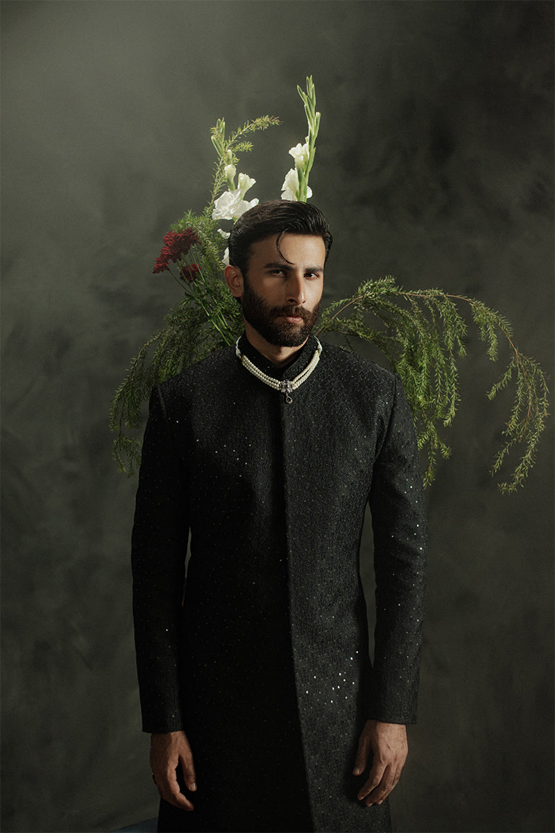 Black Sequin Jamawar Achkan Sherwani (2-Piece) - Image 4