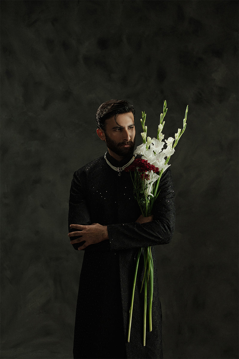 Black Sequin Jamawar Achkan Sherwani (2-Piece) - Image 8