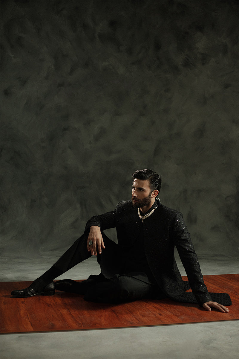 Black Sequin Jamawar Achkan Sherwani (2-Piece) - Image 9