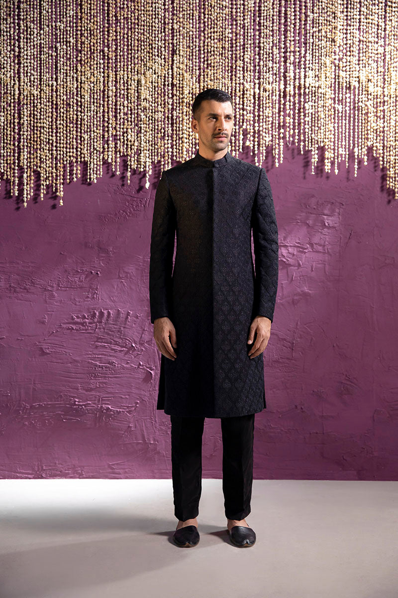 Black Embossed Jamawar Achkan Sherwani (2-Piece) - Image 1