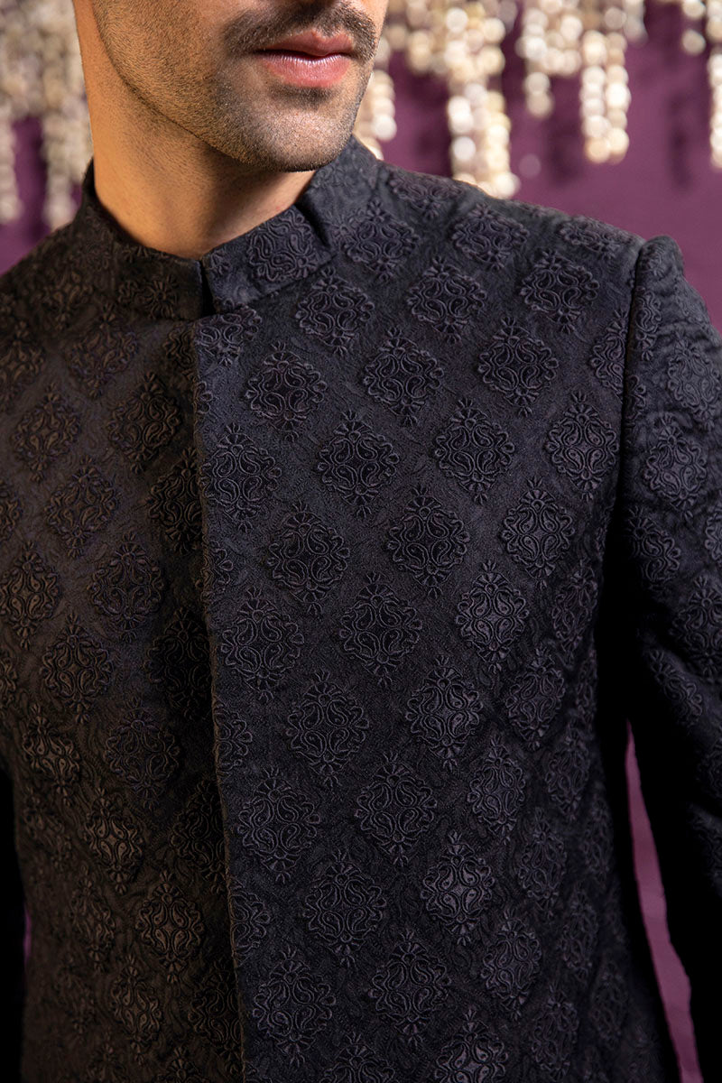 Black Embossed Jamawar Achkan Sherwani (2-Piece) - Image 3