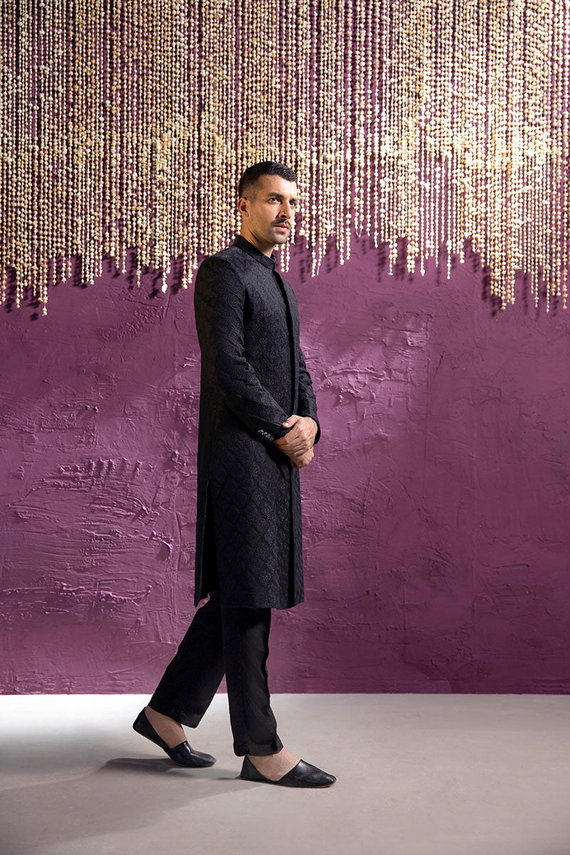 Black Embossed Jamawar Achkan Sherwani (2-Piece) - Image 4