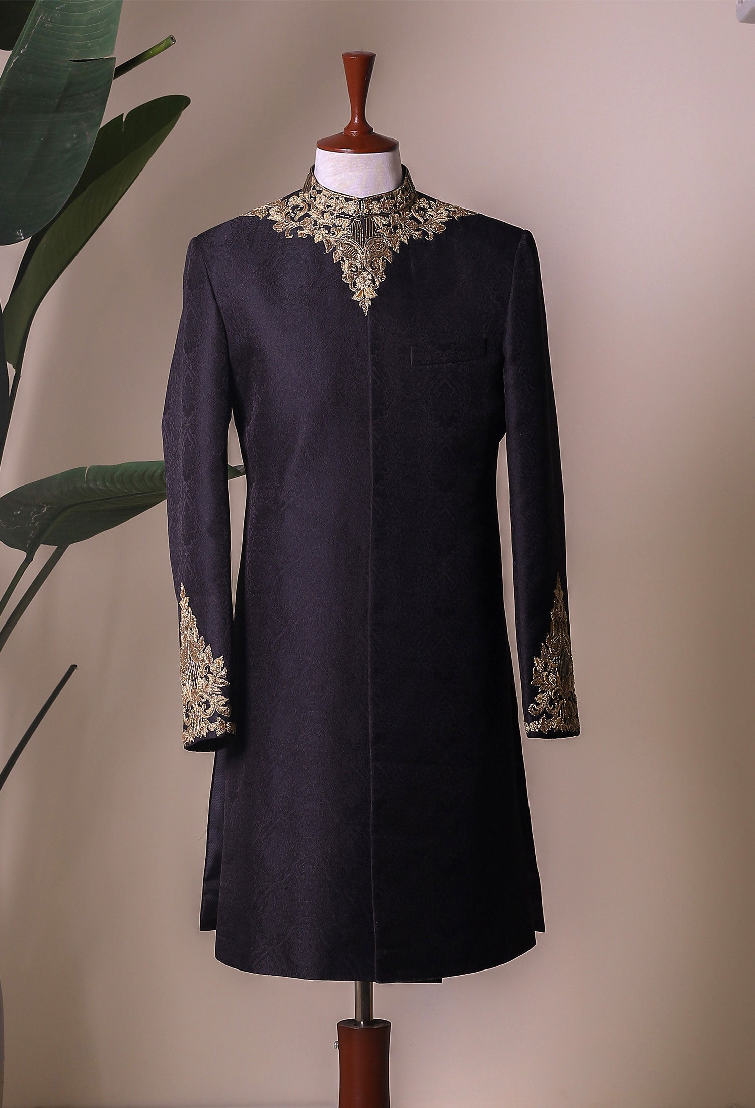 Black Jamawar Embroidered Sherwani (2-Piece) - Image 1