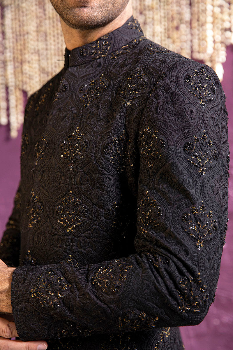 Black Bronze Tilla Jamawar Achkan Sherwani (2-Piece) - Image 1