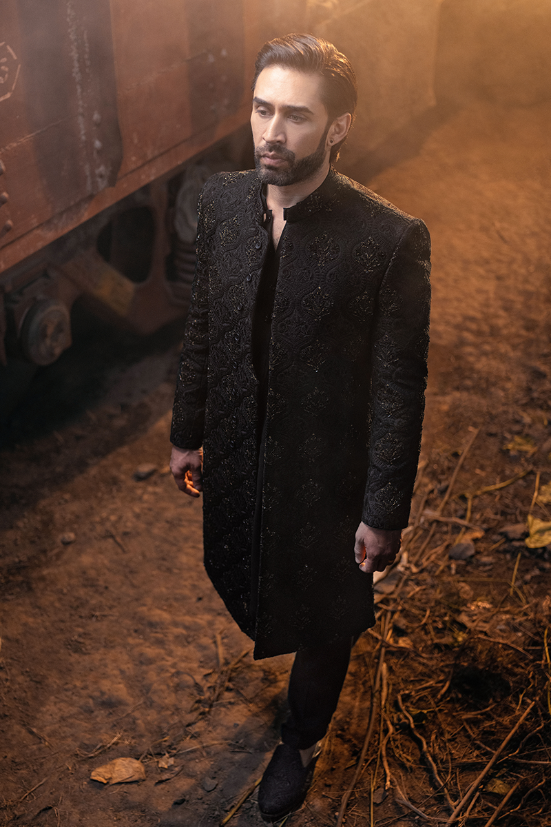 Black Bronze Tilla Jamawar Achkan Sherwani (2-Piece) - Image 10