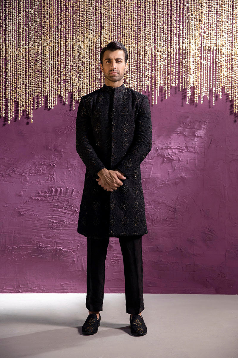 Black Bronze Tilla Jamawar Achkan Sherwani (2-Piece) - Image 2