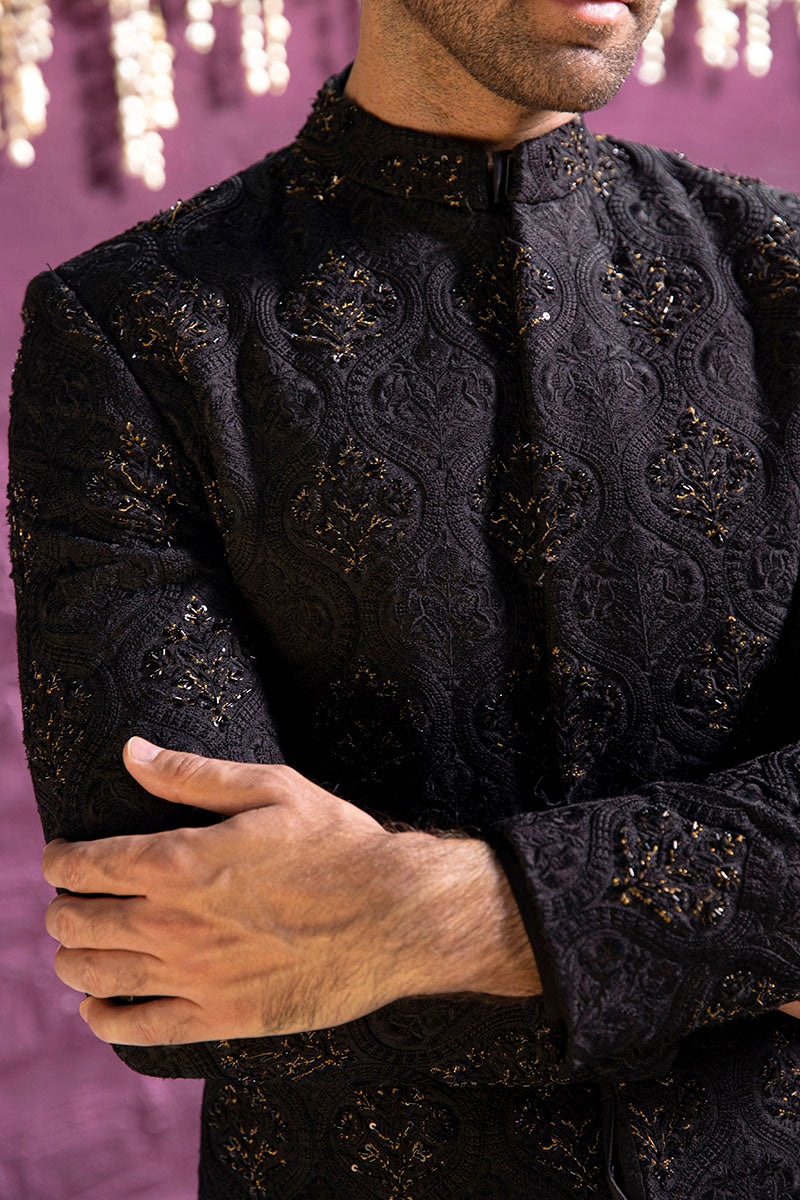 Black Bronze Tilla Jamawar Achkan Sherwani (2-Piece) - Image 3
