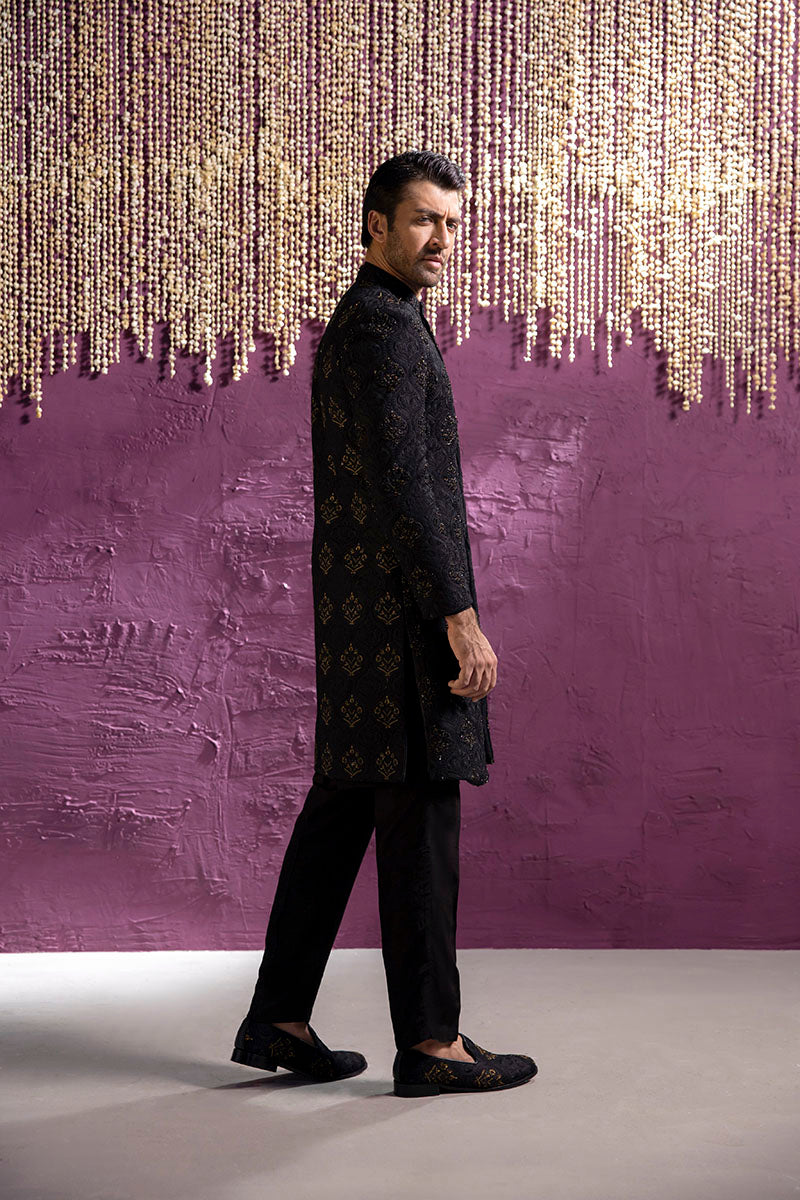Black Bronze Tilla Jamawar Achkan Sherwani (2-Piece) - Image 4