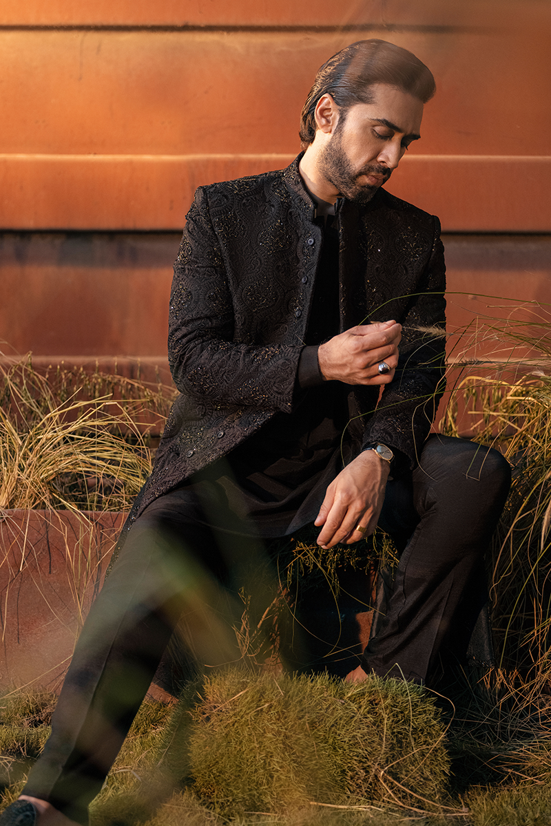 Black Bronze Tilla Jamawar Achkan Sherwani (2-Piece) - Image 5