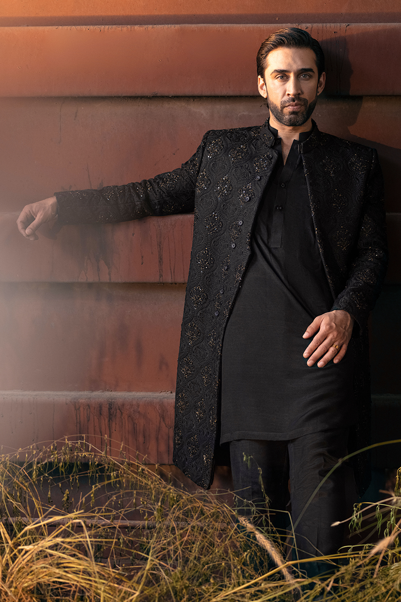 Black Bronze Tilla Jamawar Achkan Sherwani (2-Piece) - Image 6
