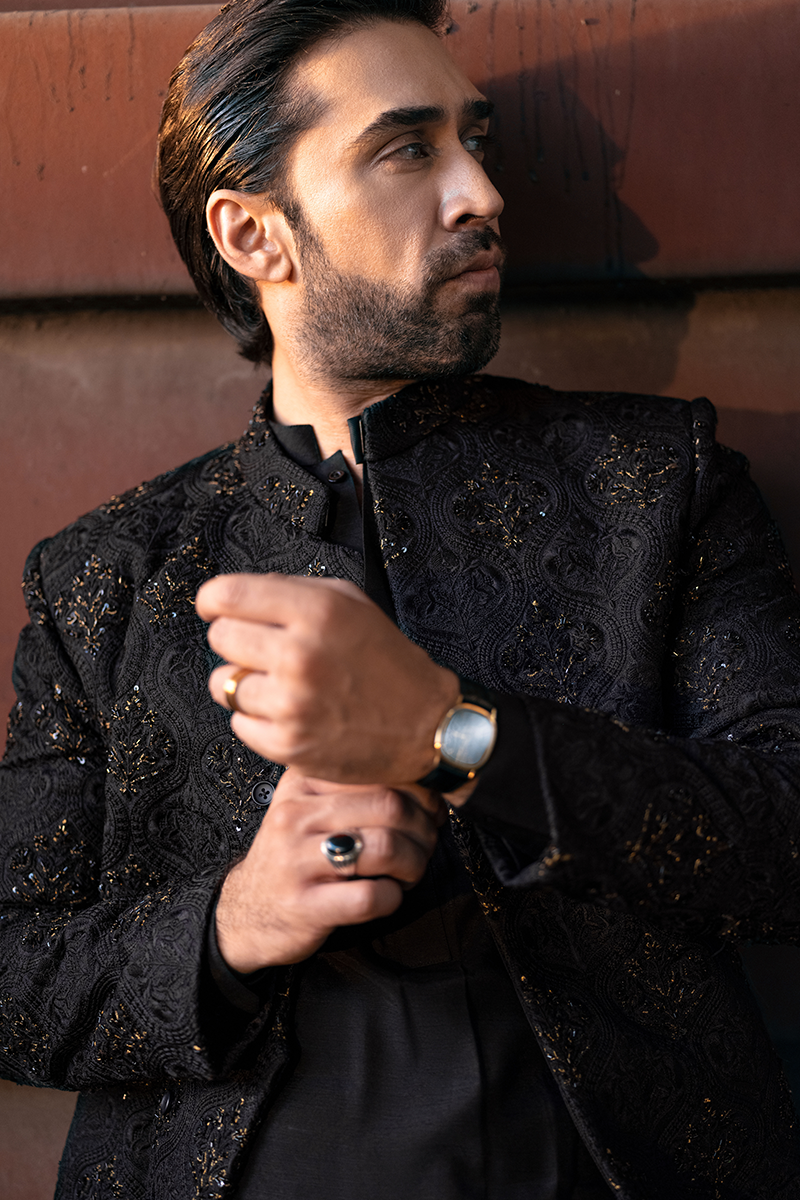 Black Bronze Tilla Jamawar Achkan Sherwani (2-Piece) - Image 7